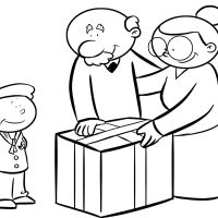 Colorear abuelos haciendo un regalo a su nieto