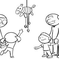Colorear abuelos y nietos jugando con una piñata