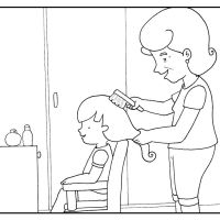 Colorea a una abuela cepillando el pelo de su nieta