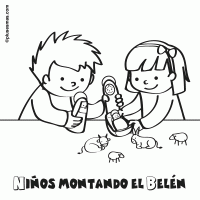 Colorear niños montando el belén