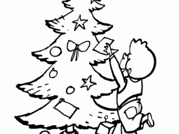 Colorear un niño decorando un árbol de navidad