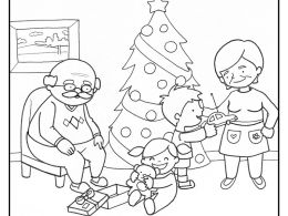 Colorear abuelos abriendo los regalos de navidad con sus nietos