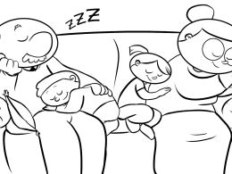 Colorea a unos abuelos durmiendo en el sofá con sus nietos