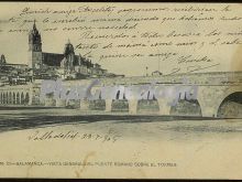 Vista general del puente romano sobre el río tormes a su paso por salamanca (postal dedicada)
