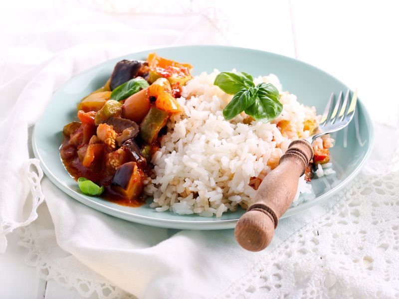 Arroz con pisto de berenjenas